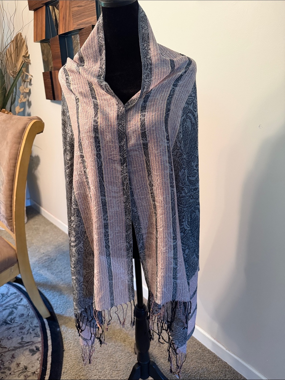 Black and Pink Paisley-Striped Shawl Wrap - Unbranded